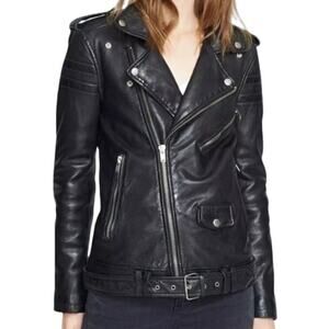 BLK DNM Black Leather Moto Biker Jacket Women's M Zip Bomber Coat Buckle Belted
